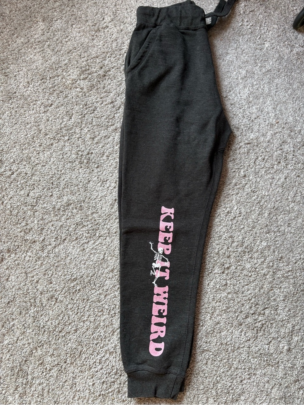 Black Jogger Sweatpants with Pink "Keep It Weird" Leg Graphic